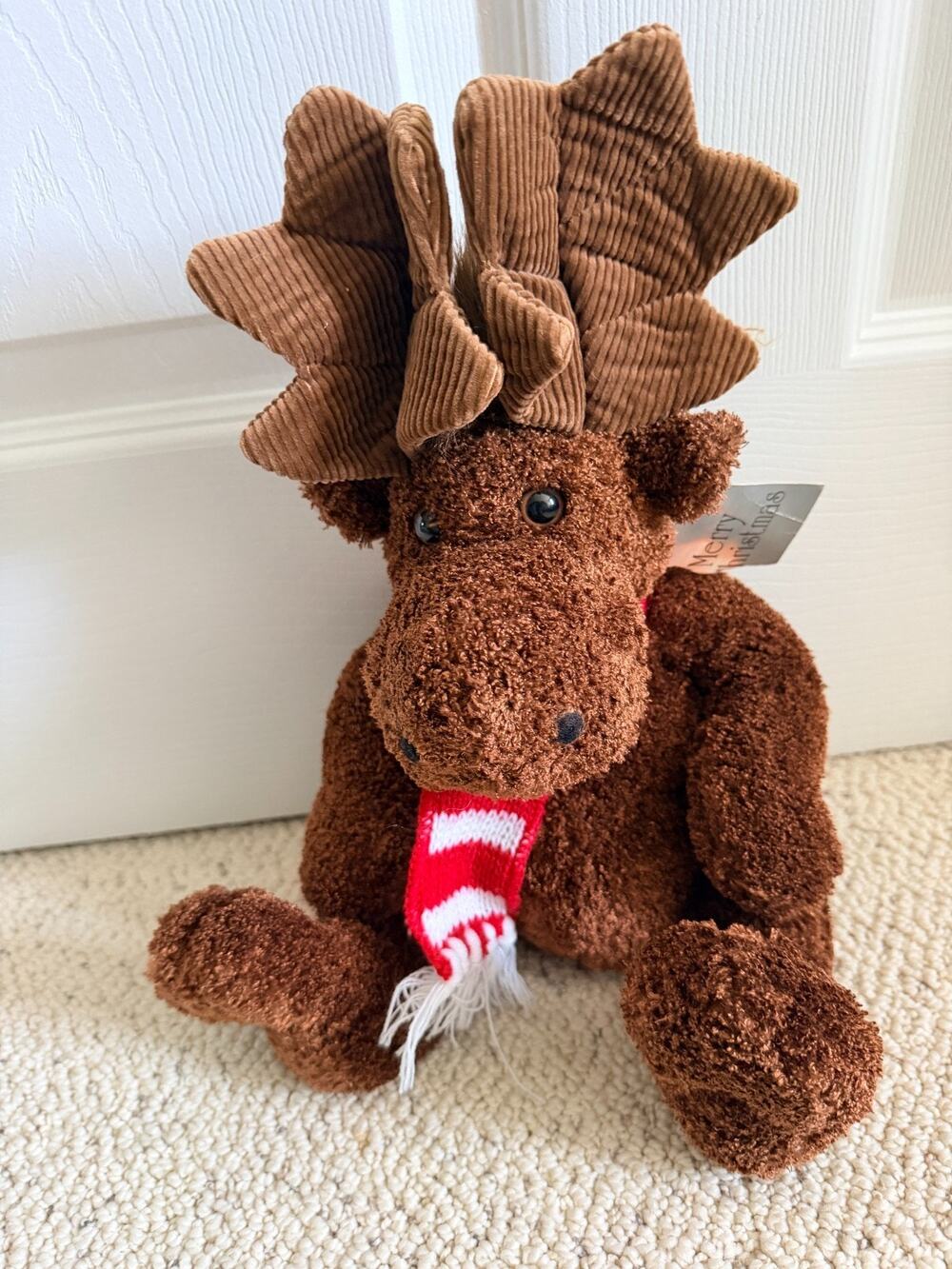 Animal Adventure Moose Plush 16 in Christmas Corduroy Antlers Striped Scarf NWT
